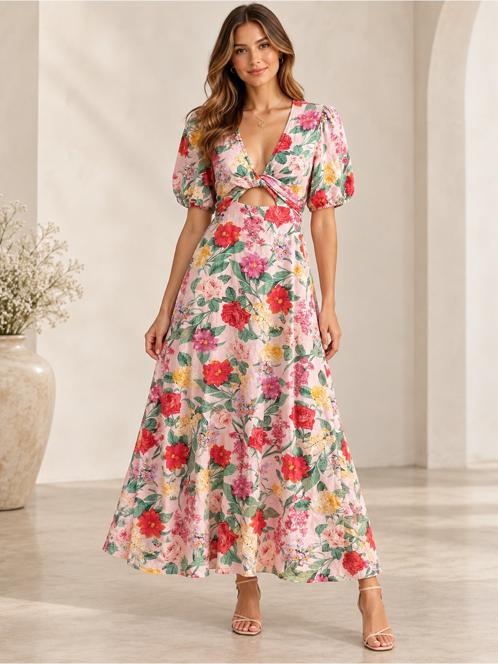 Old Navy Fit & Flare Floral Linen-Blend Twist-Front Maxi Dress - Size S